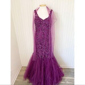 NEW Purple Beading Lace Tulle Mermaid Trumpet Style Ball Gown Long Dress
